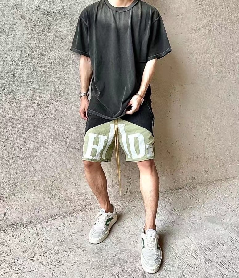 RHUDE vintage logo print two-tone drawstring shorts