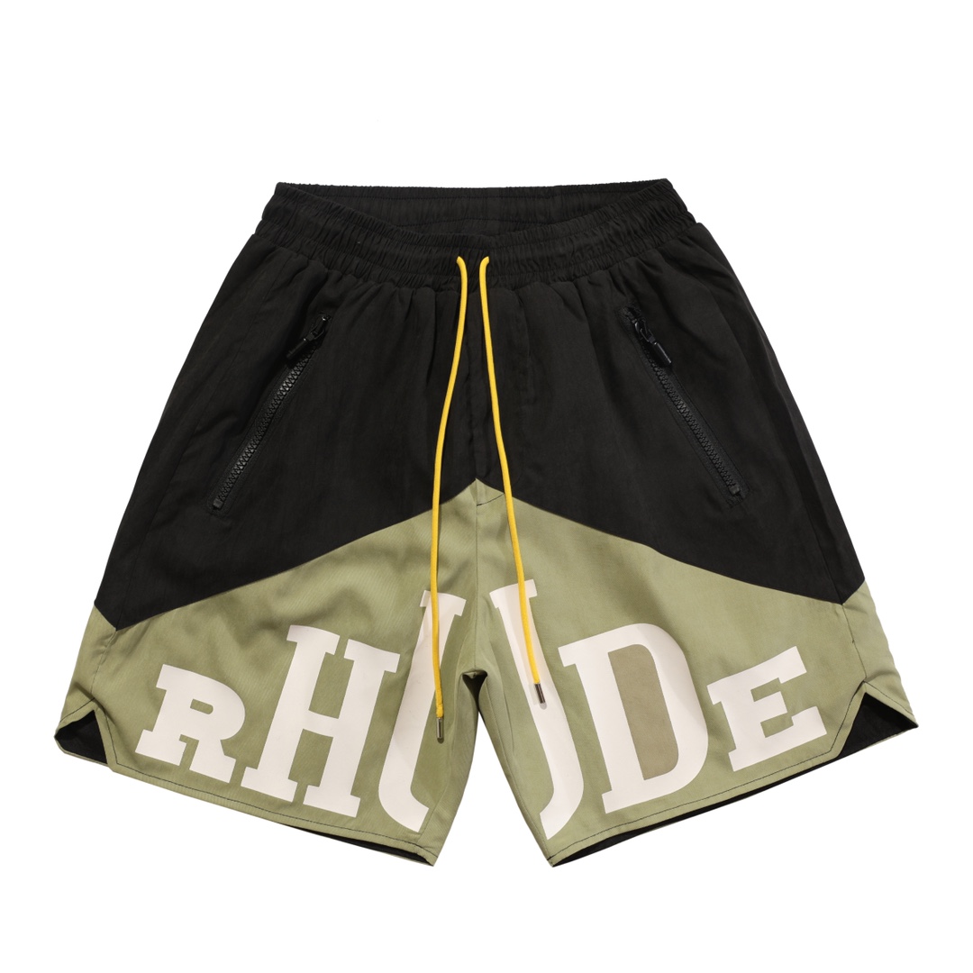 RHUDE vintage logo print two-tone drawstring shorts