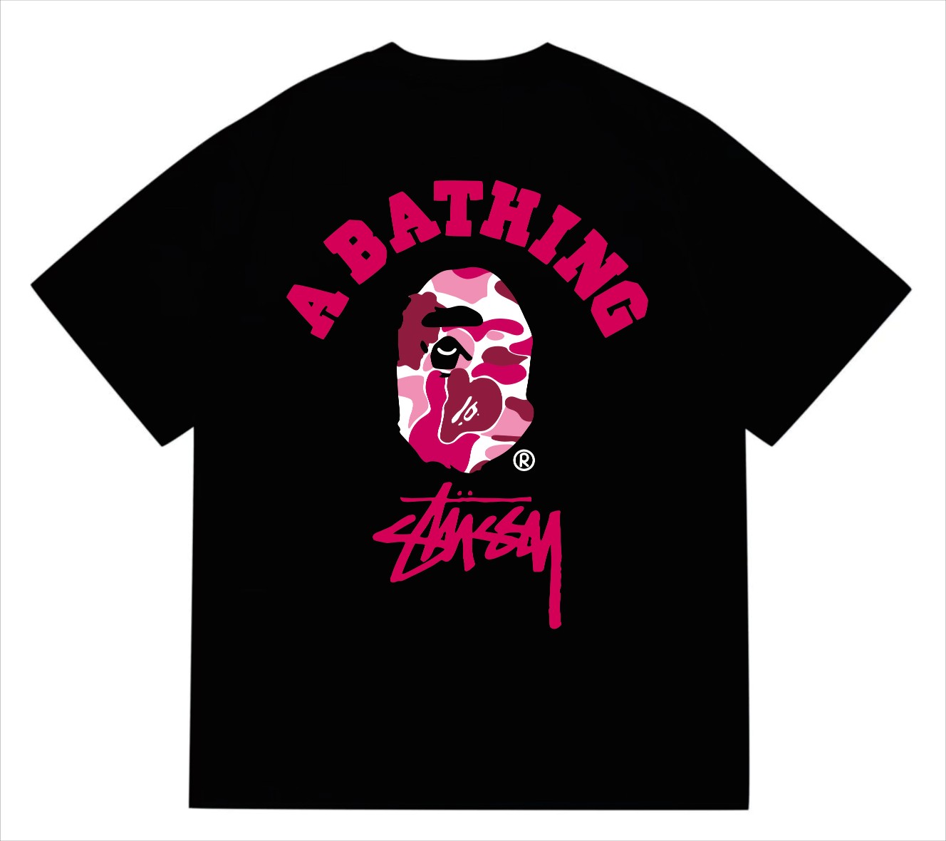 BAPE×Stuss! Pink Color Camo By Bathing Tee