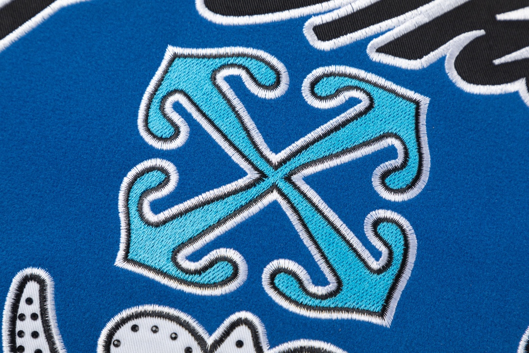 Off-White 2024 Fall/Winter new heavy embroidery rhinestone patchwork leather varsity jacket in blue, unisex