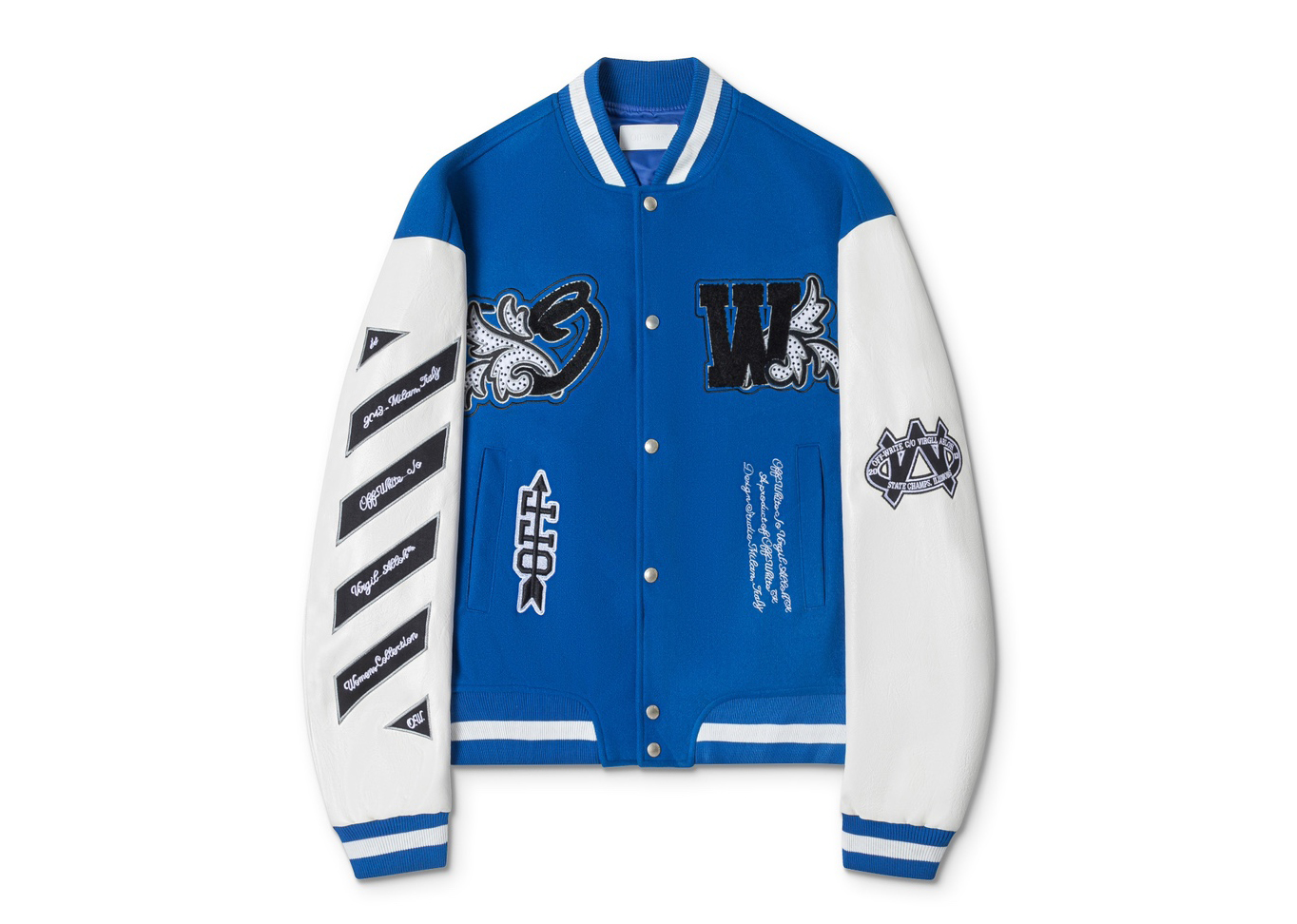 Off-White 2024 Fall/Winter new heavy embroidery rhinestone patchwork leather varsity jacket in blue, unisex