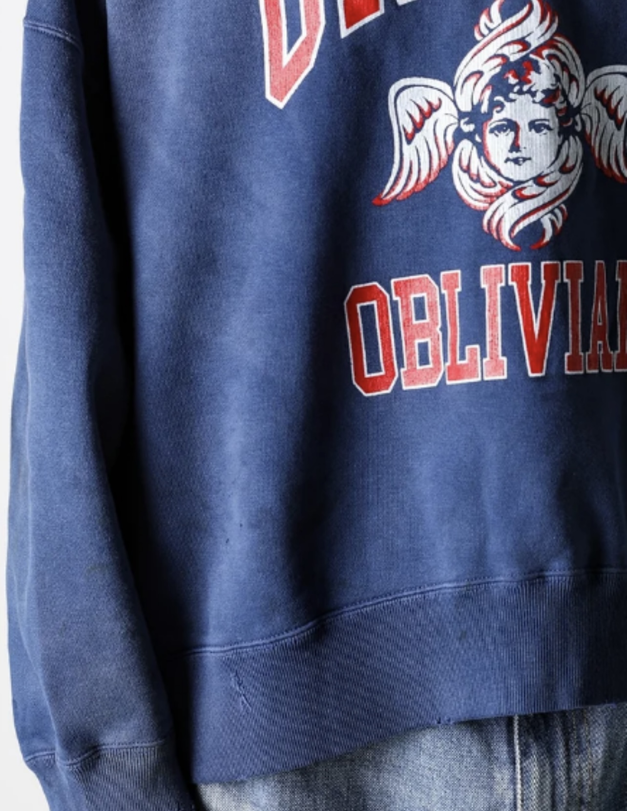 SAINT Mich@el FW24 vintage distressed angel graphic with letter print heavy-duty ribbed crewneck long-sleeve sweatshirt